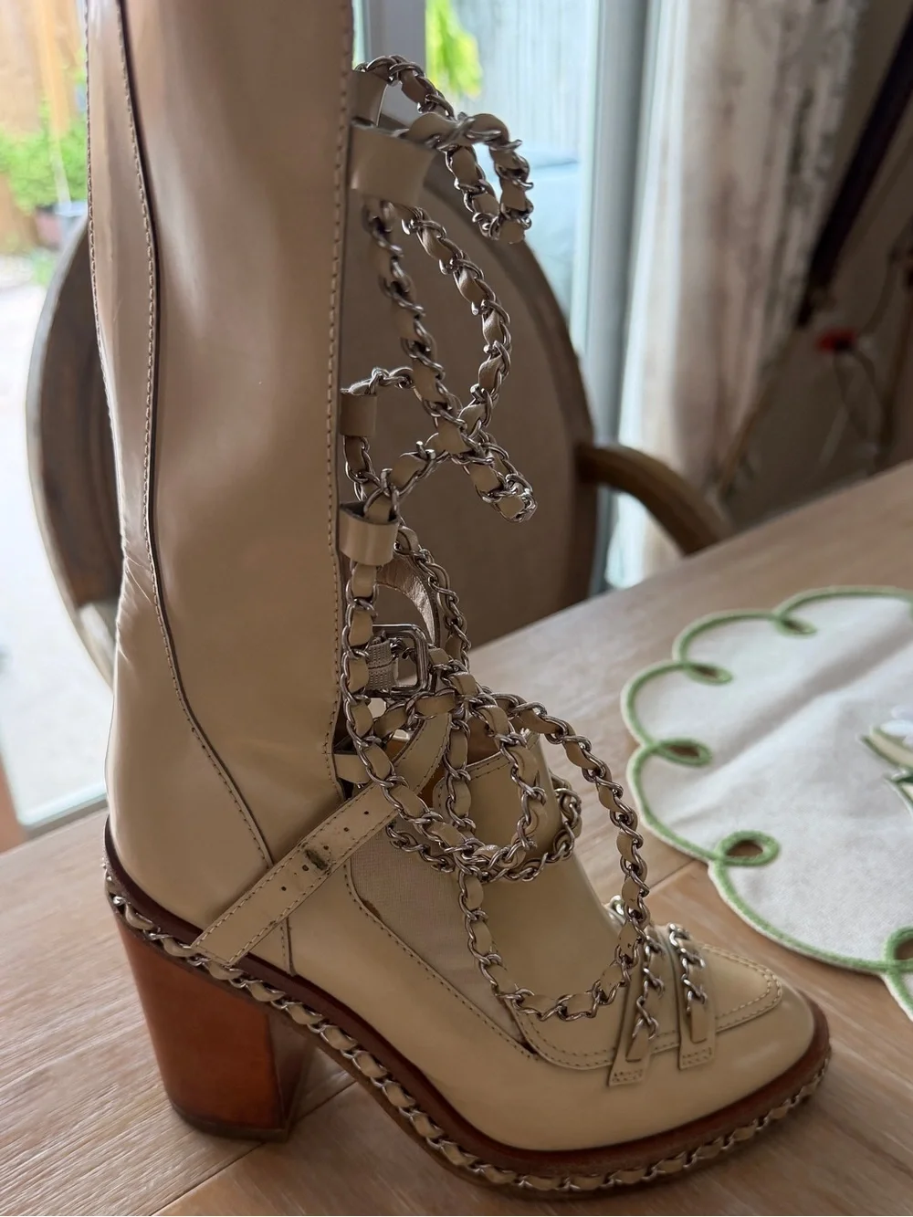 CHANEL Beige Leather Lace-Up Chain Detail Boots